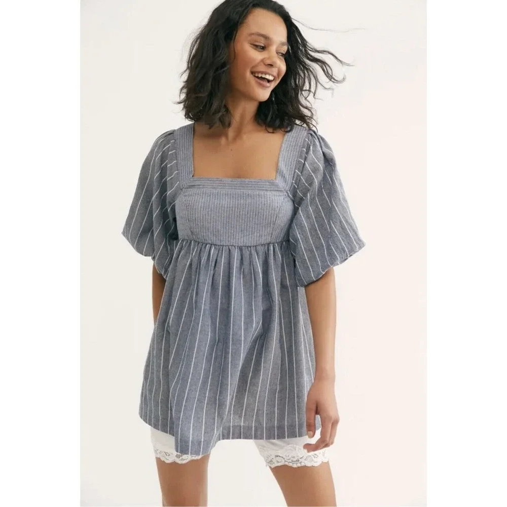 Free People Blue‎ Striped Chambray Women's Gigi Tunic Size S Small